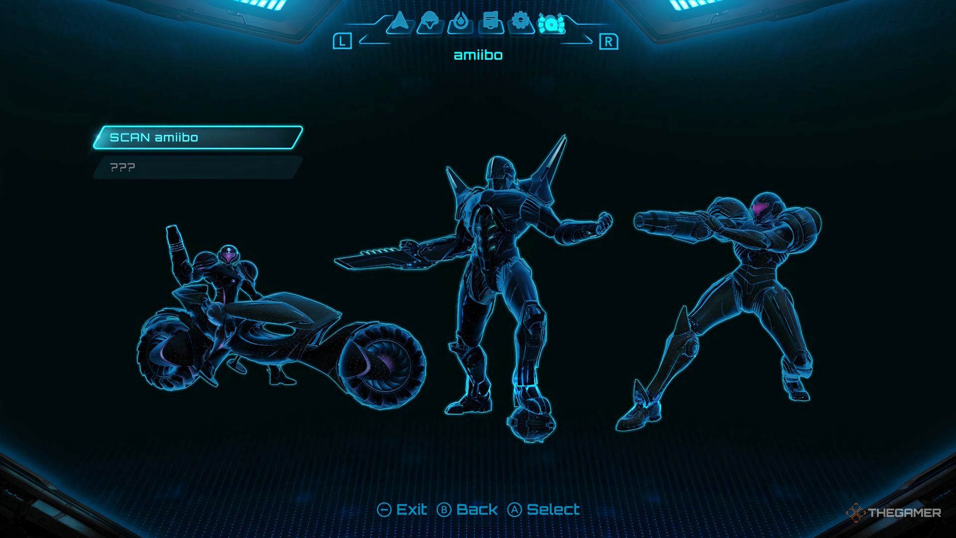 Metroid Prime 4: Beyond Amiibo scan screen in main menu.