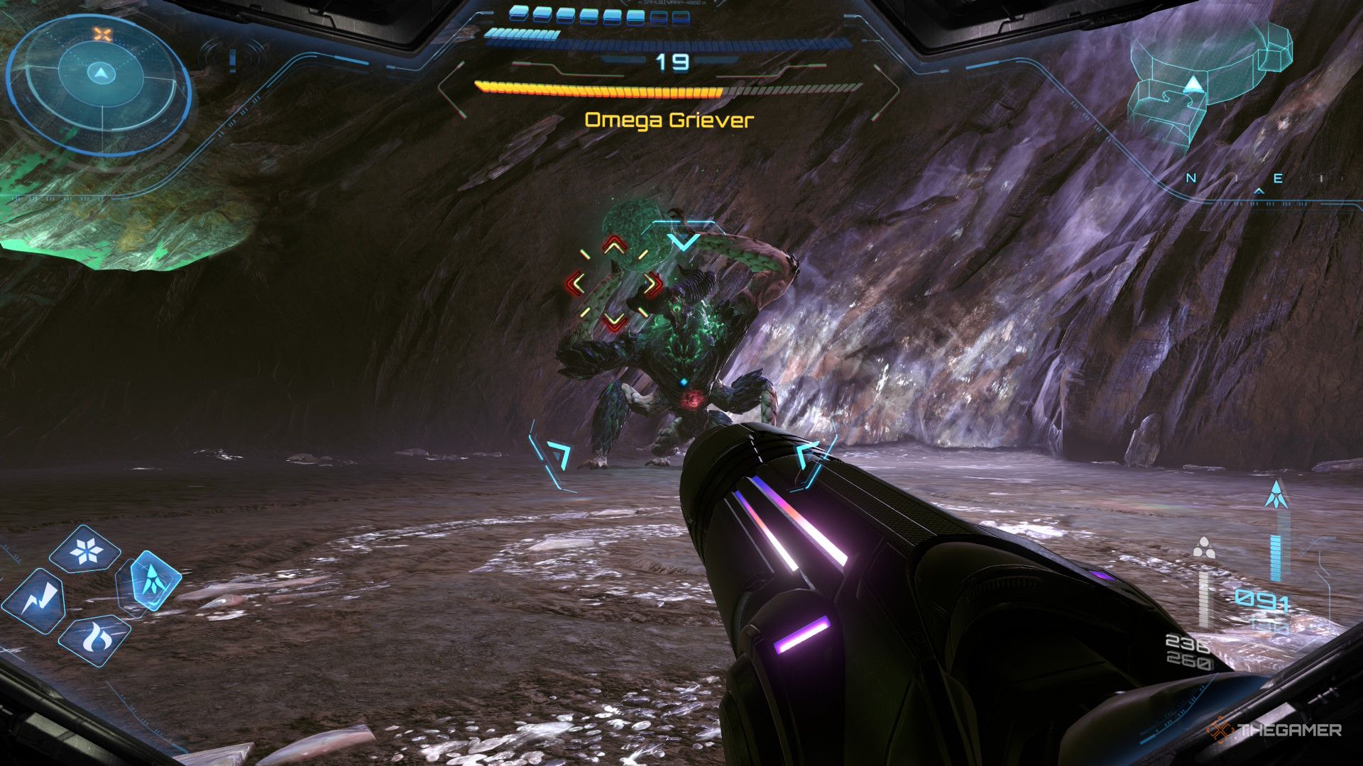 A player beating the Omega Griever boss in Metroid Prime 4: Beyond.