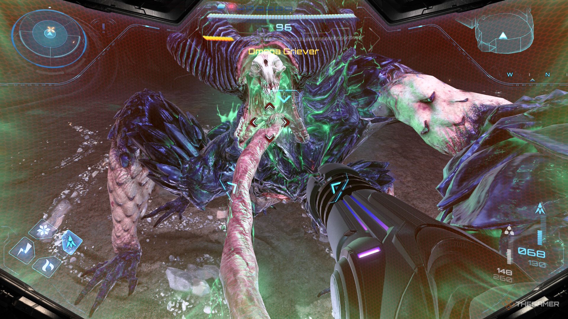 A player beating the Omega Griever boss in Metroid Prime 4: Beyond.