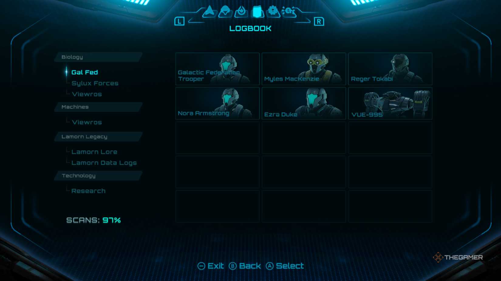 The Gal Fed section of the logbook in Metroid Prime 4: Beyond.