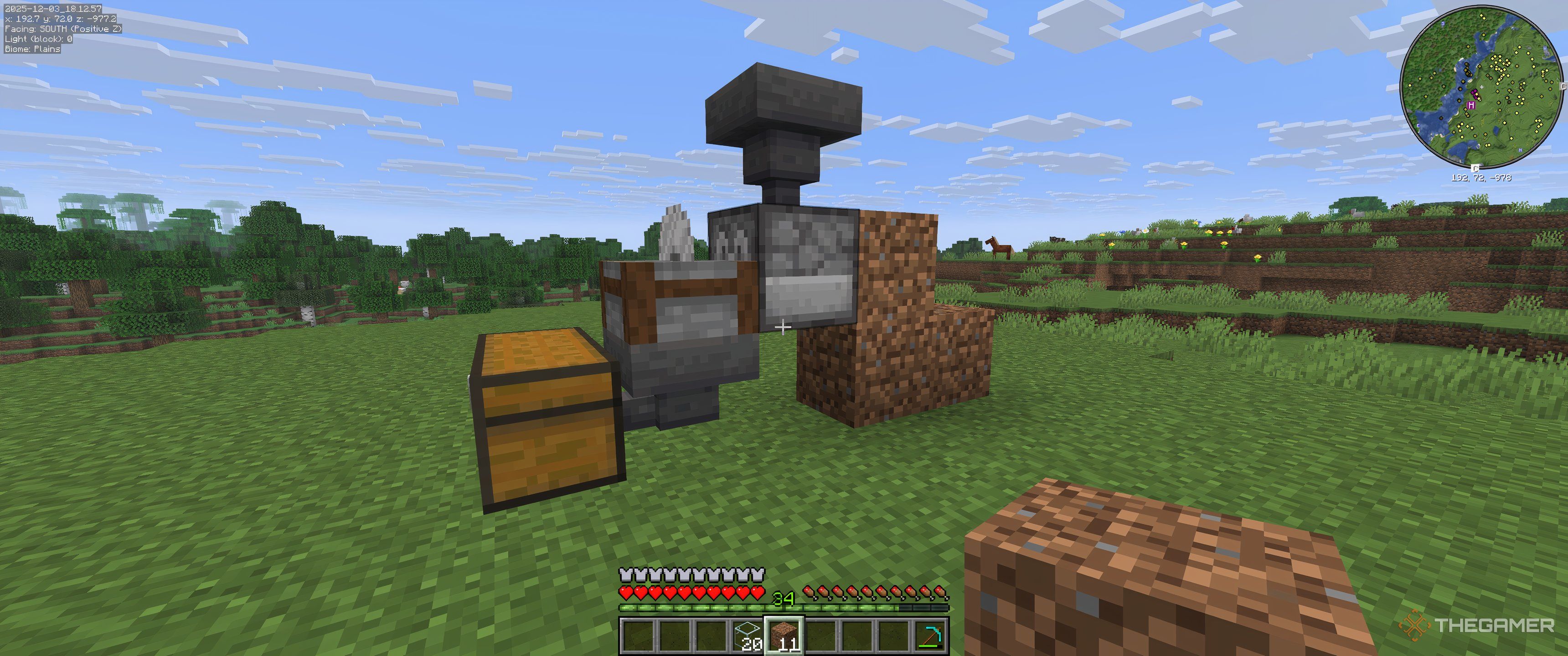 A chest, hopper, stonecutter and dispenser now has an extra hopper going into the dispenser in Minecraft.