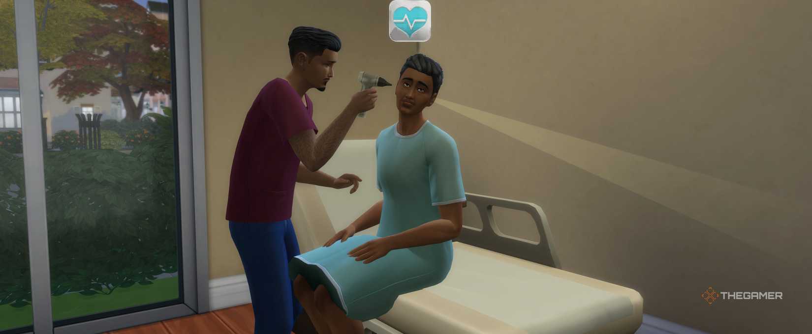 A doctor examining a sims ears by shining a light through their head in the sims 4.