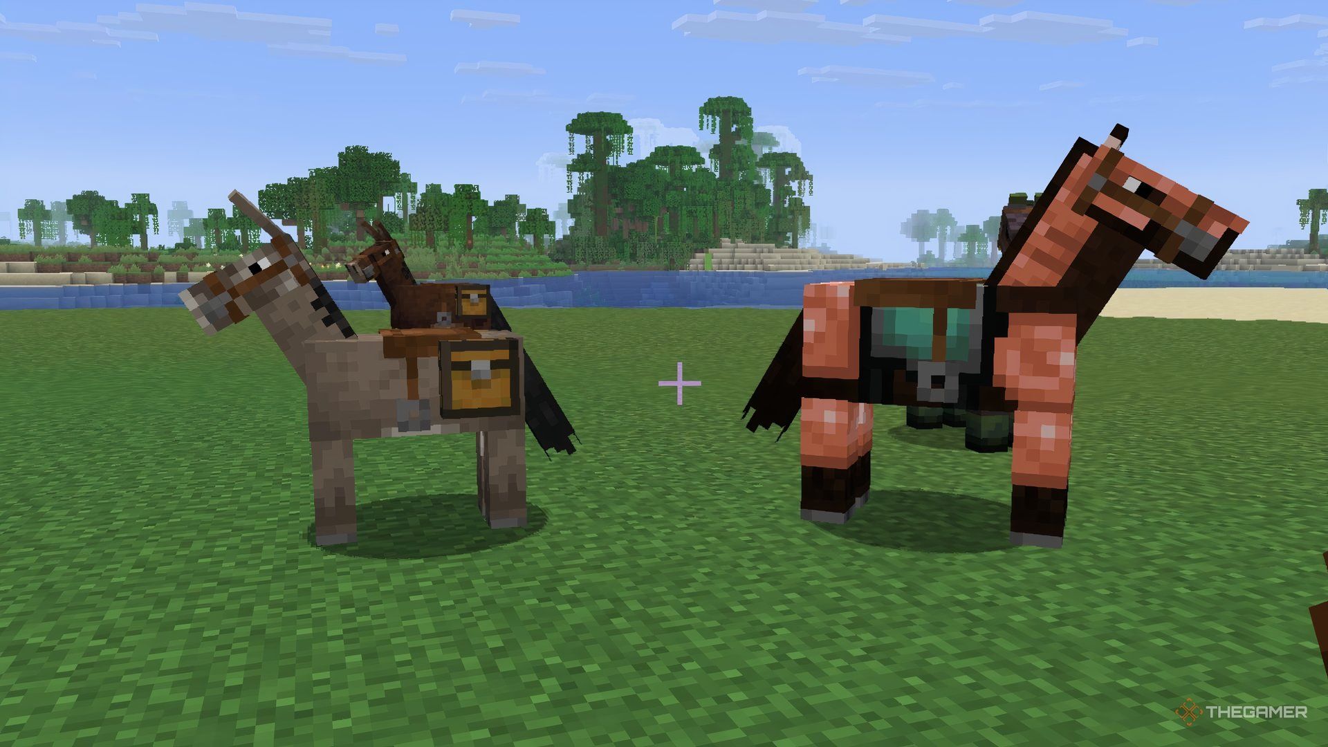 A donkey mule and horse in Minecraft on an island.