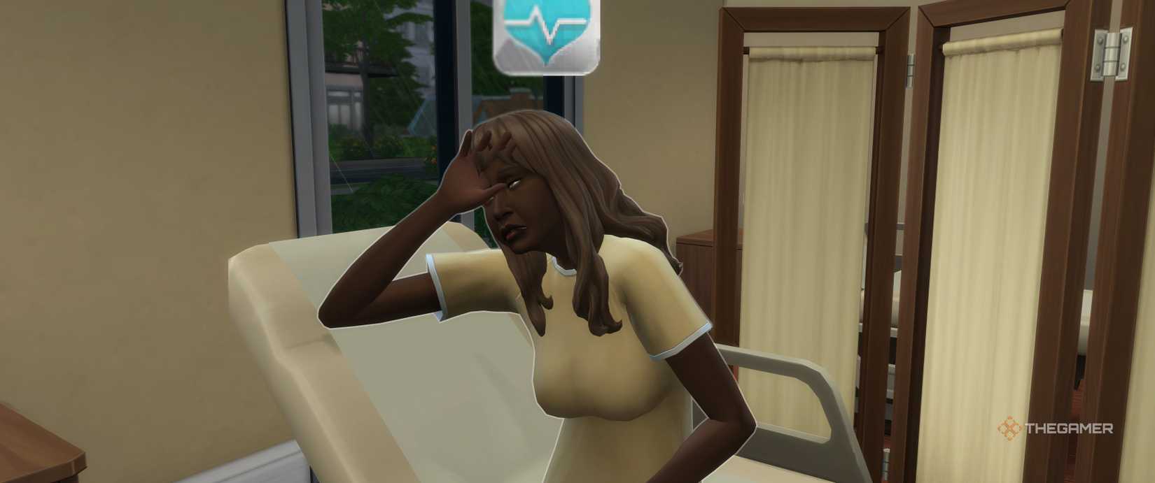 A female adult Sim sweating while sitting on a bed in The Sims 4.