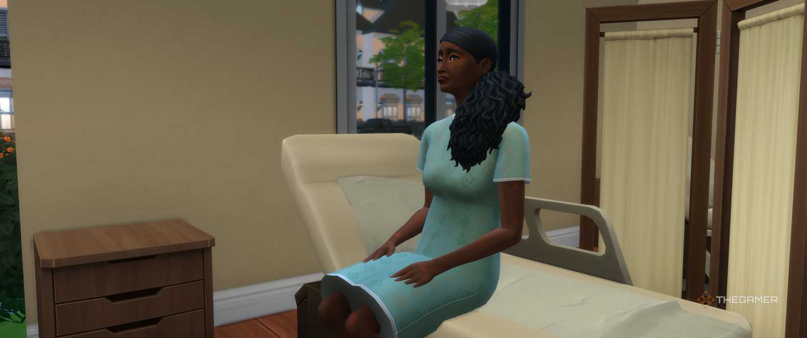 In The Sims 4, an adult female Sim with a blotchy rash was sitting in a hospital bed.
