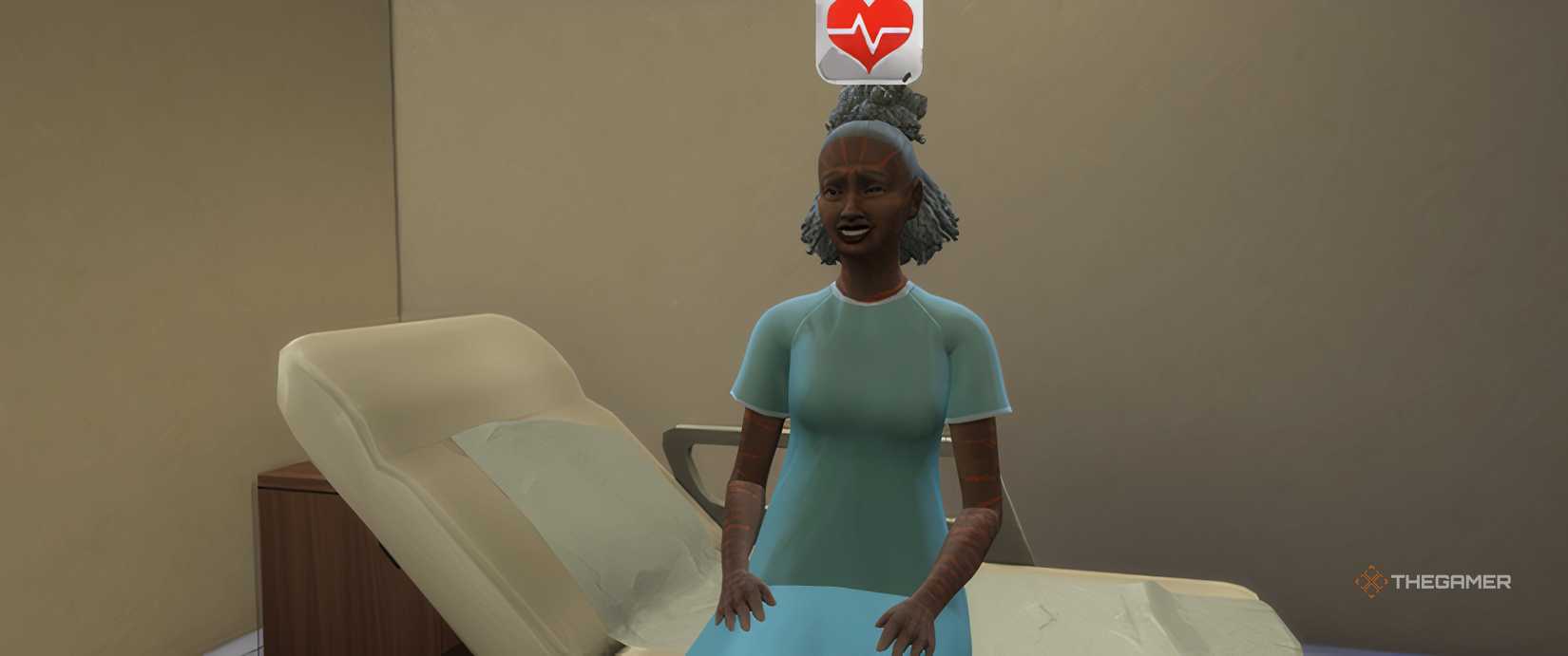 In The Sims 4, an adult female Sim with a tiger stripe rash was sitting in a hospital bed.