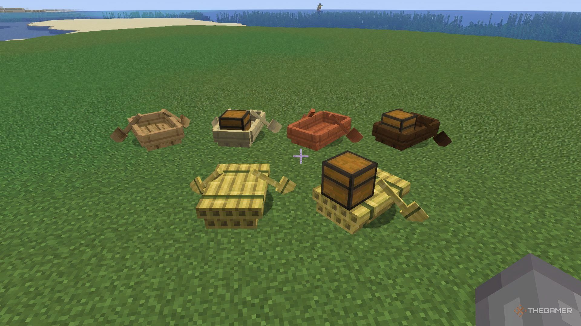 A group of boats in Minecraft on an island.