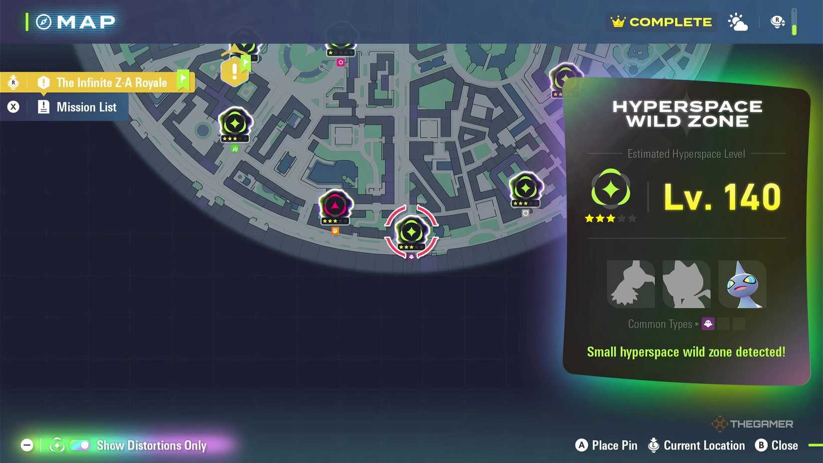 A Hyperspace Wild Zone with a Mimikyu spawning in Pokemon Legends: Z-A after using bench re-rolls in the Mega Dimension DLC.