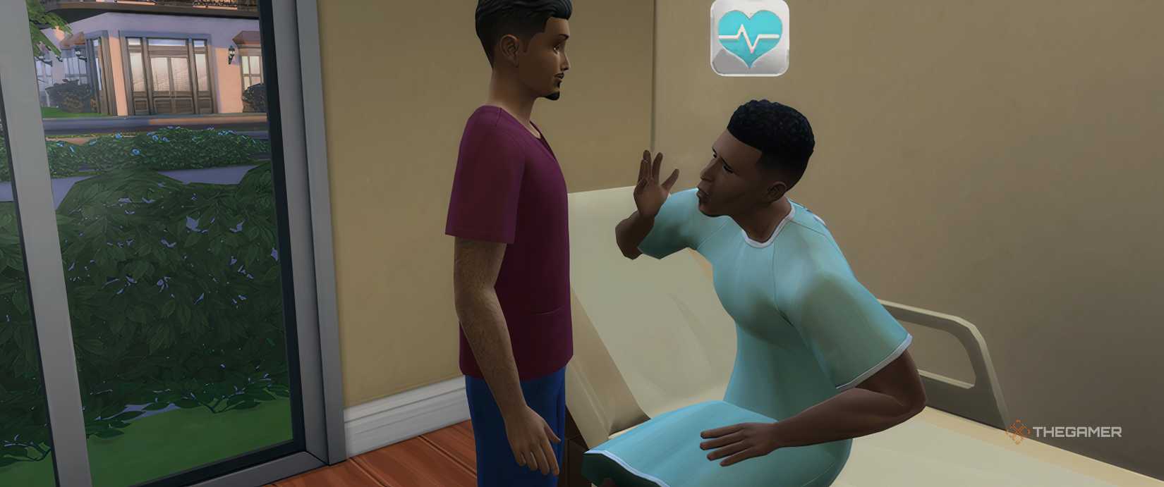 A male adult Sim coughing on a doctor in a hospital in The Sims 4.