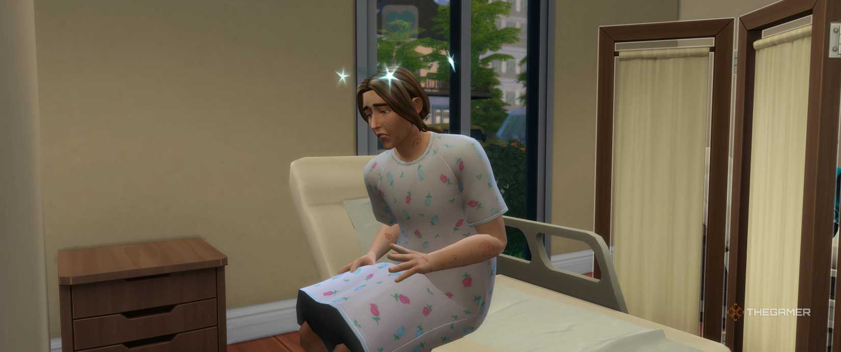 A male adult Sims with a pronounced vertigo was sitting on a bed in a hospital parking lot in The Sims 4.-1