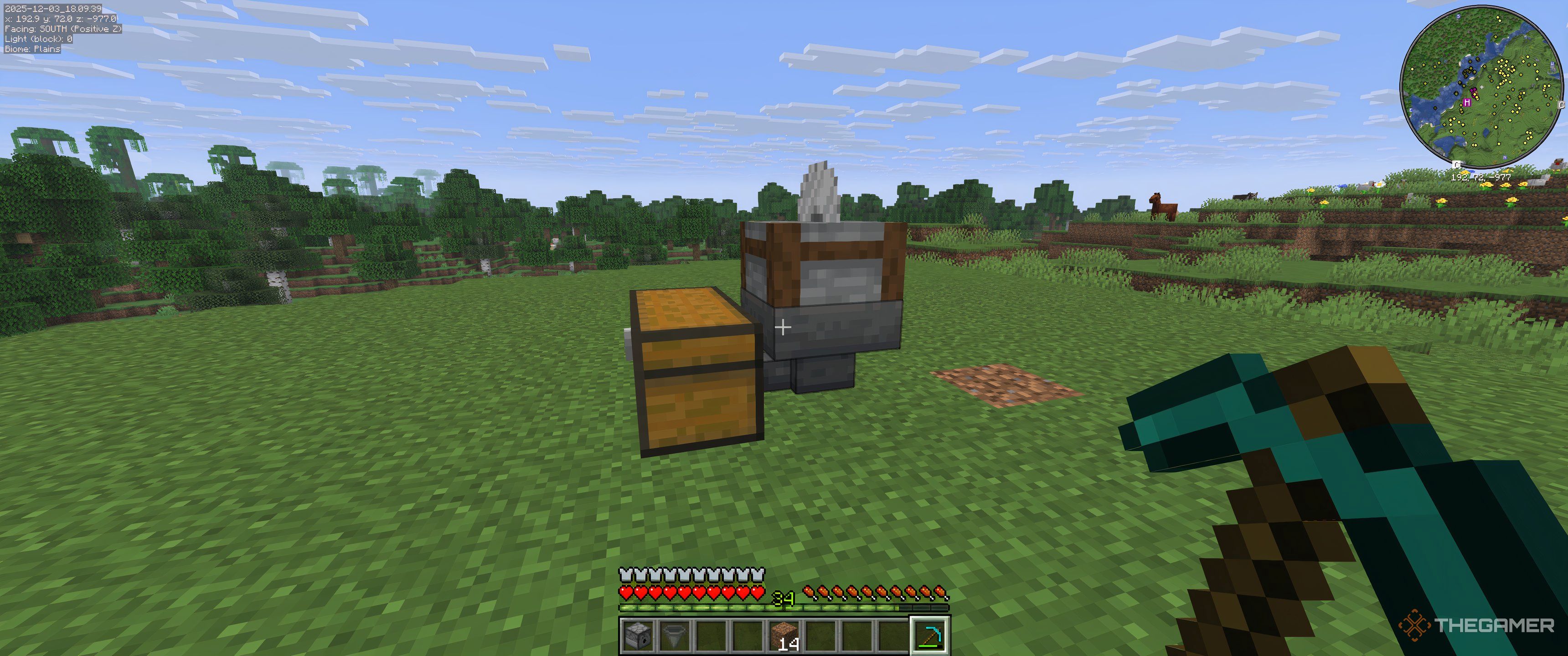 A Minecraft Chest with a hopper going into it. A stonecutter is on top of the hopper.