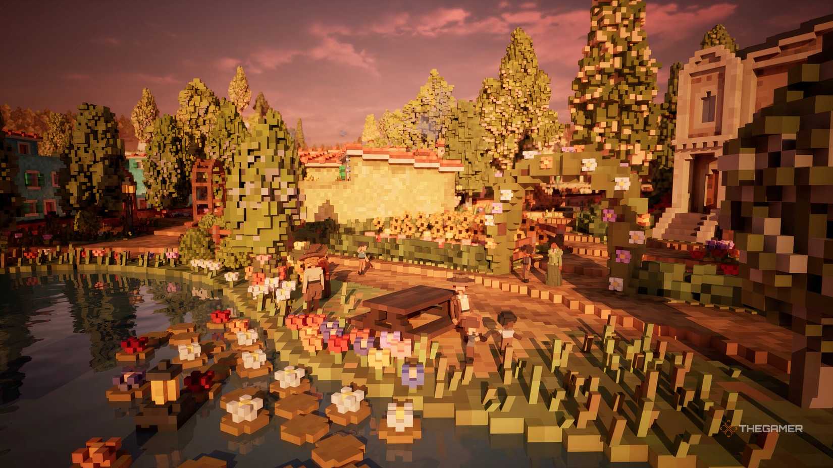 A pixelated path by a lake with a house next to it and people walking along it from town to town.