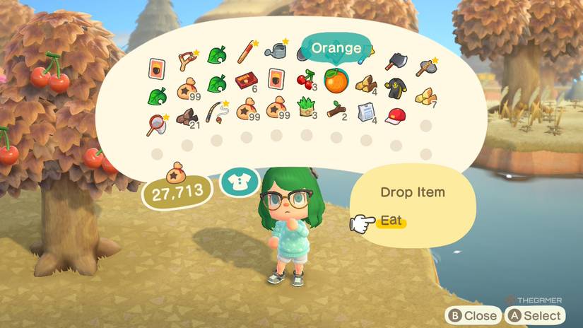 A player choosing to eat a fruit from their inventory in Animal Crossing New Horizons.