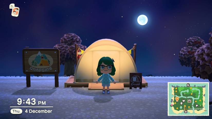 A player outside a campsite in Animal Crossing New Horizons.