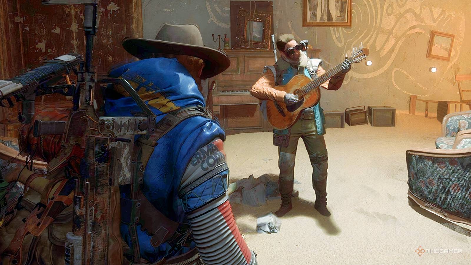 A player playing the guitar in Buried City in Arc Raiders.