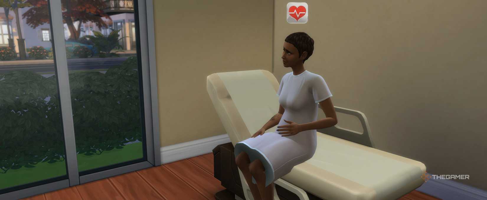 A Sim holding his stomach while sitting in a hospital bed in The Sims 4.