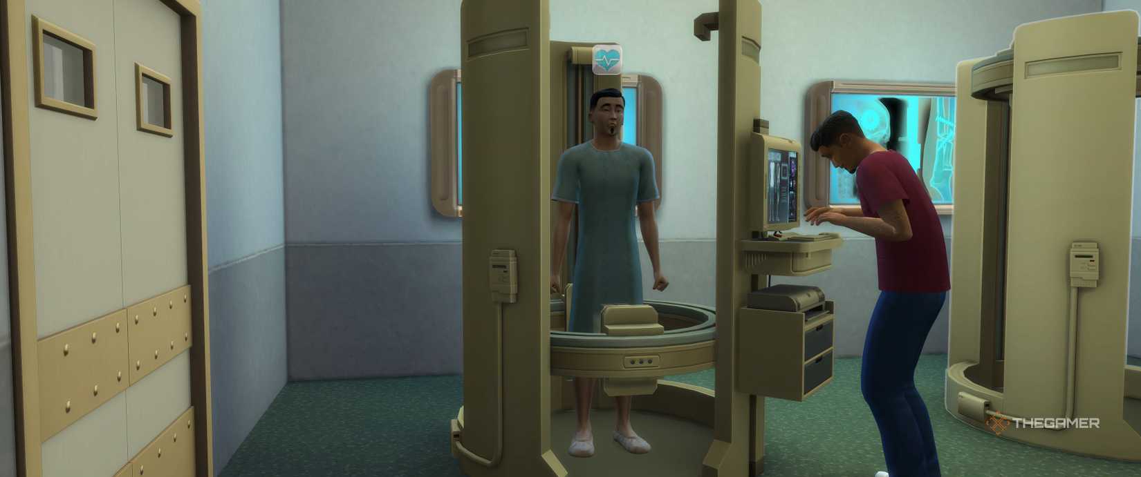 A Sim being scanned using an Xray machine in The Sims 4.