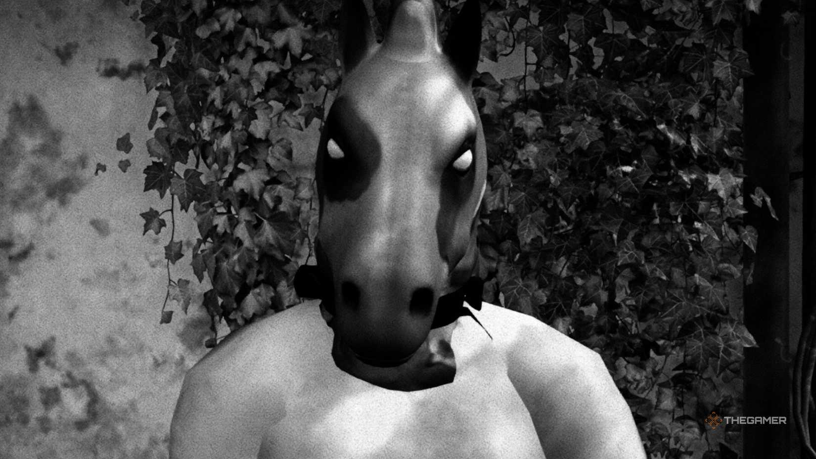 Image from the horror game Horses. shows a man in a horse helmet looking directly at the player.