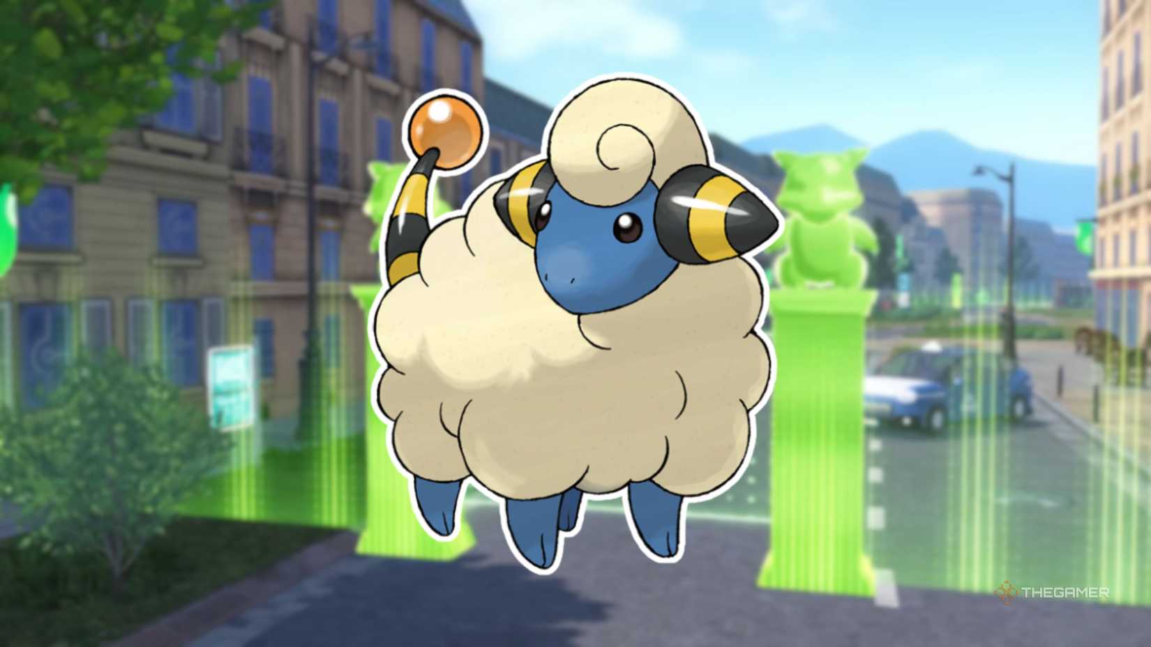 An image of Mareep in front of a game screen from Pokemon Legends Z-A entering a Wild Zone.