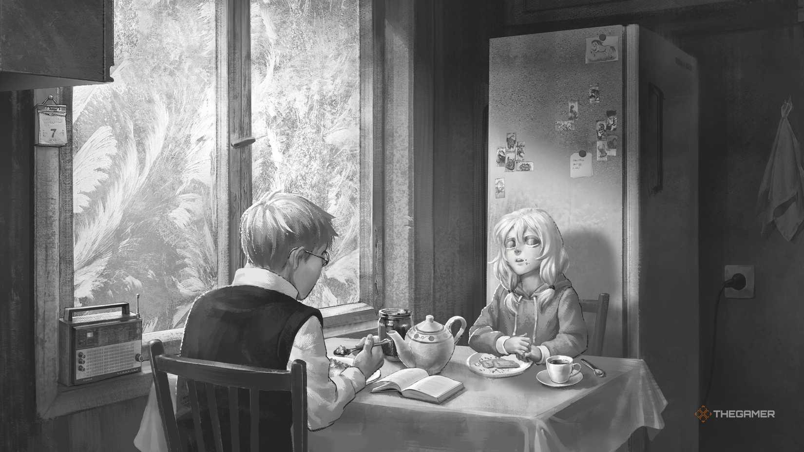 Anton and Olya at the kitchen table in Tiny Bunny.