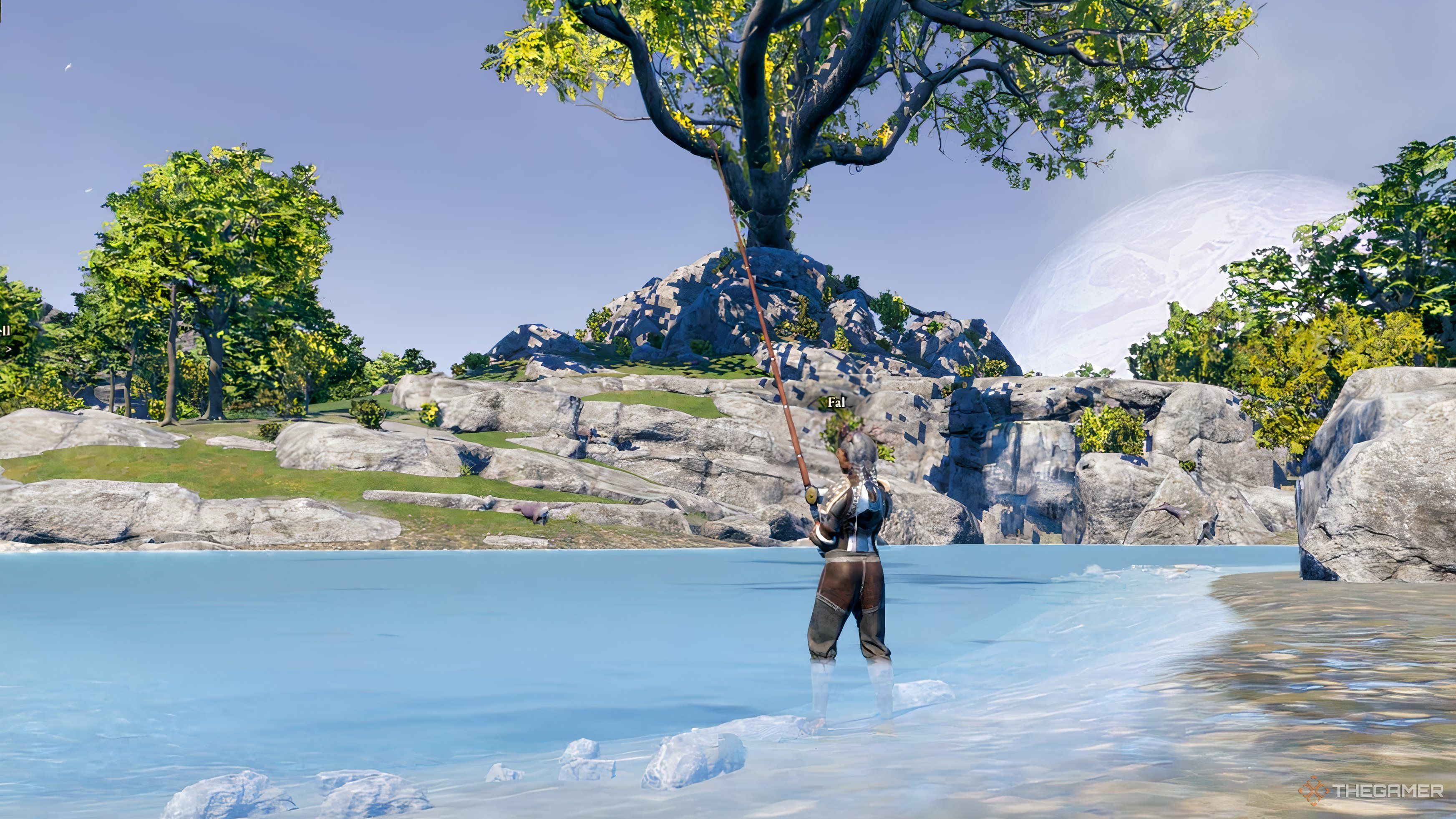 Ashes of Creation Fishing in a lake with blue water and rocky outcrops.