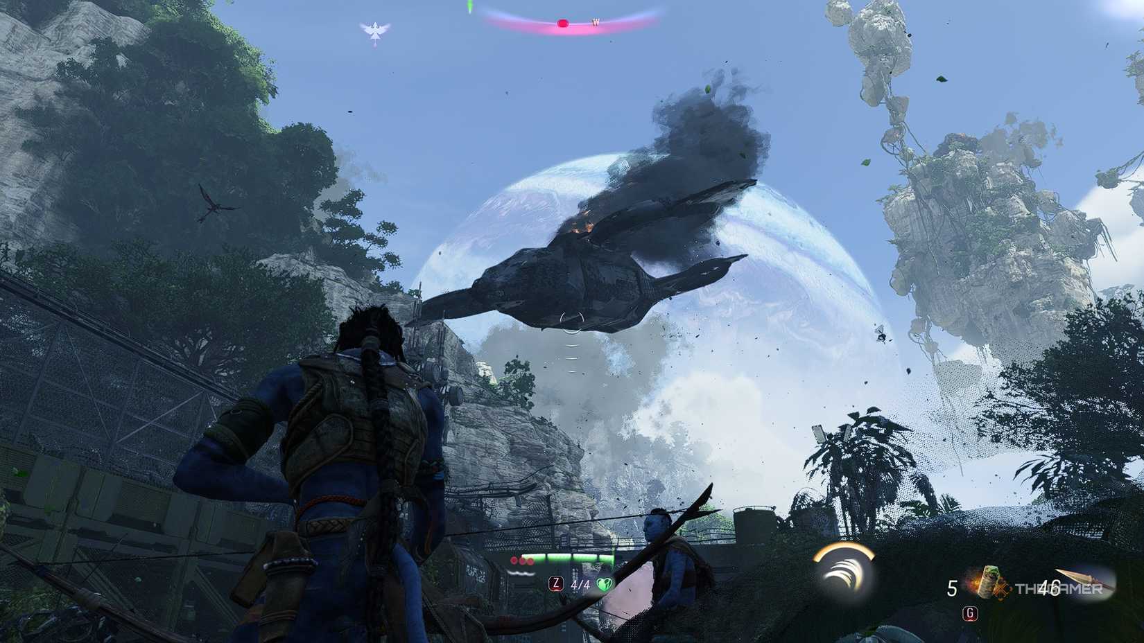 Avatar_ Frontiers of Pandora™ So'lek brings down an airship with a rocket launcher.