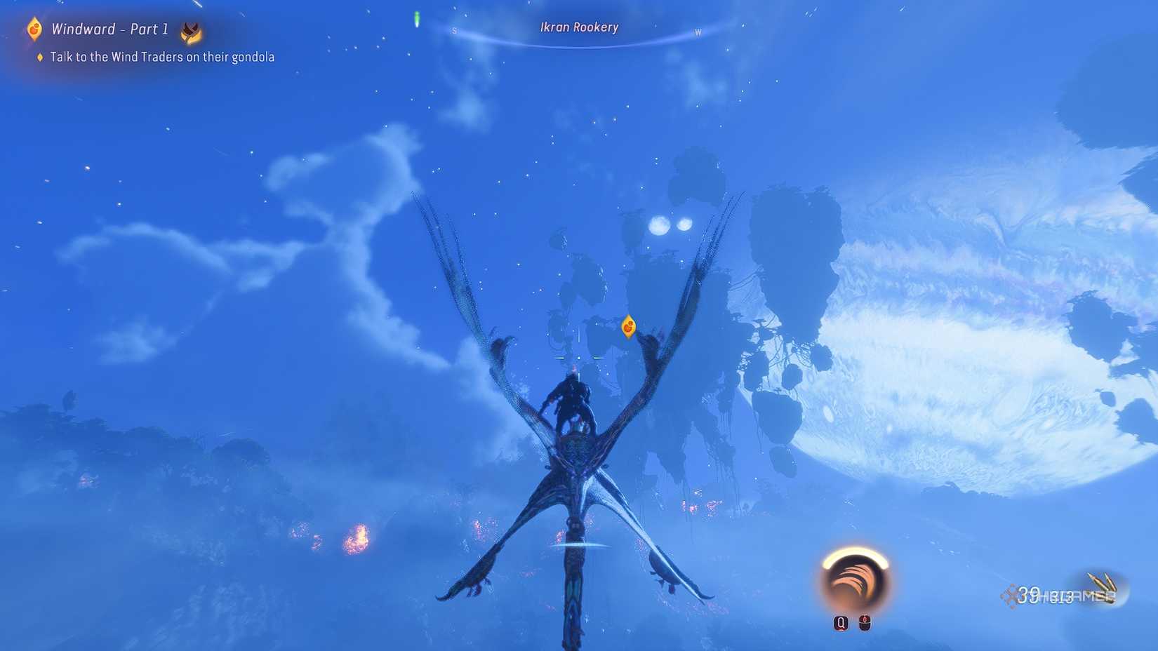 Avatar_ Frontiers of Pandora™ So'lek flies on Iley towards the rookery.