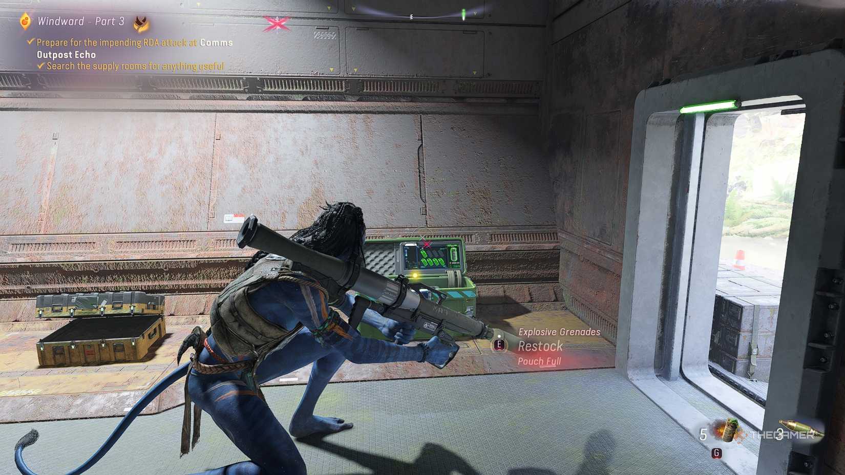 Avatar_ Frontiers of Pandora™ So'lek holds a rocket launcher.