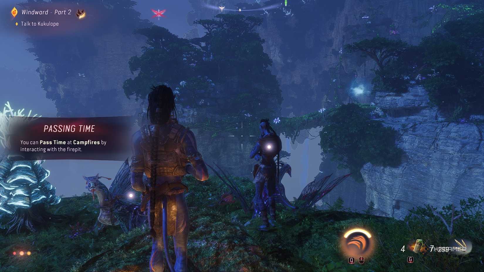 Avatar_ Frontiers of Pandora™ Standing next to Kukulope by a campfire.