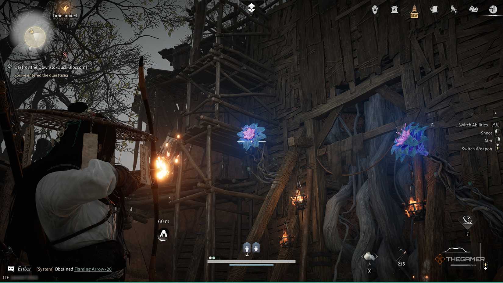 بازیکنی که تیرهای شلیک را به سمت شکوفه ها در جایی که بادها ملاقات می کنند هدف می گیرد.