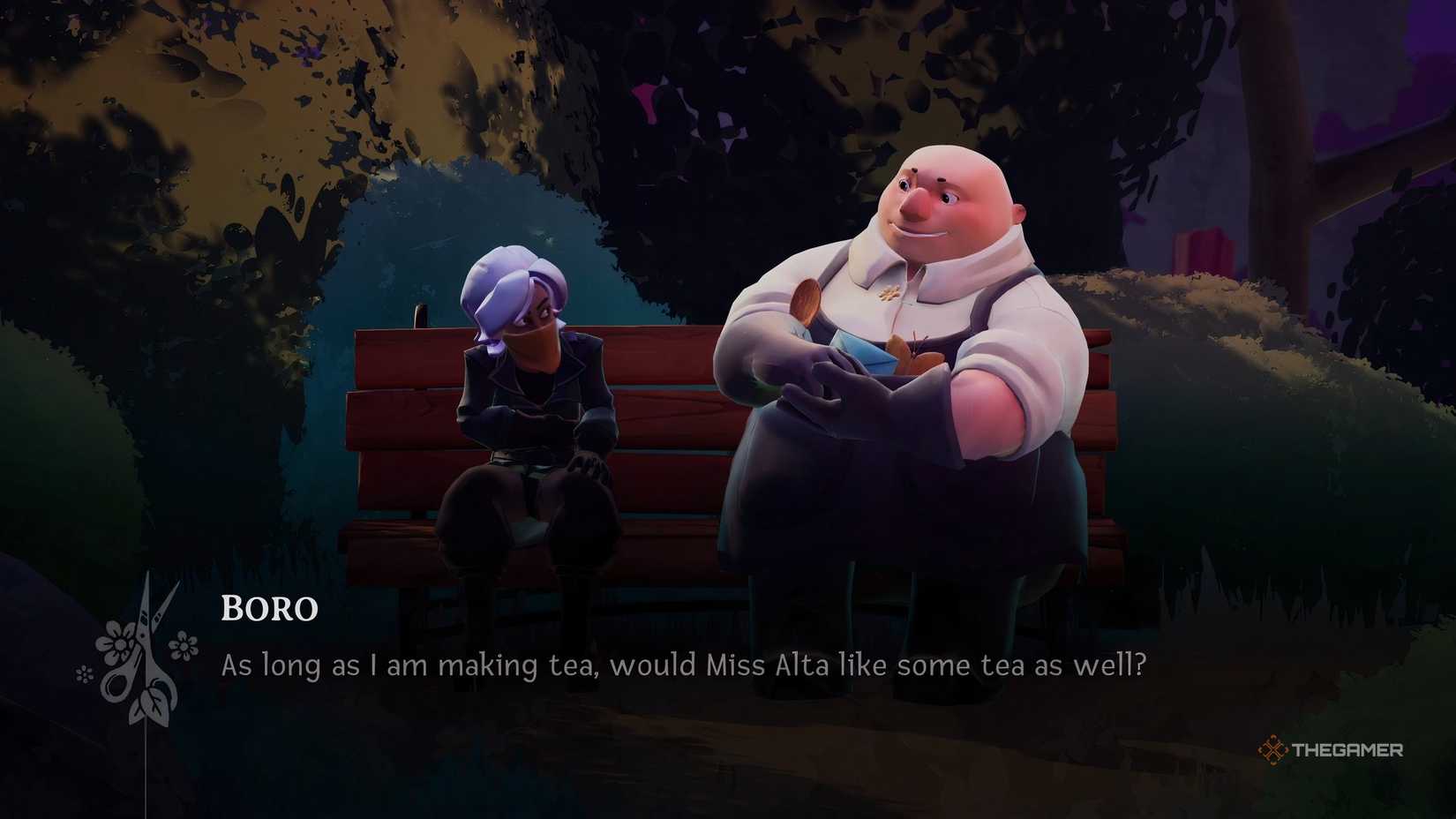 Boro providing tea to Alta at Wanderstop on the bench.