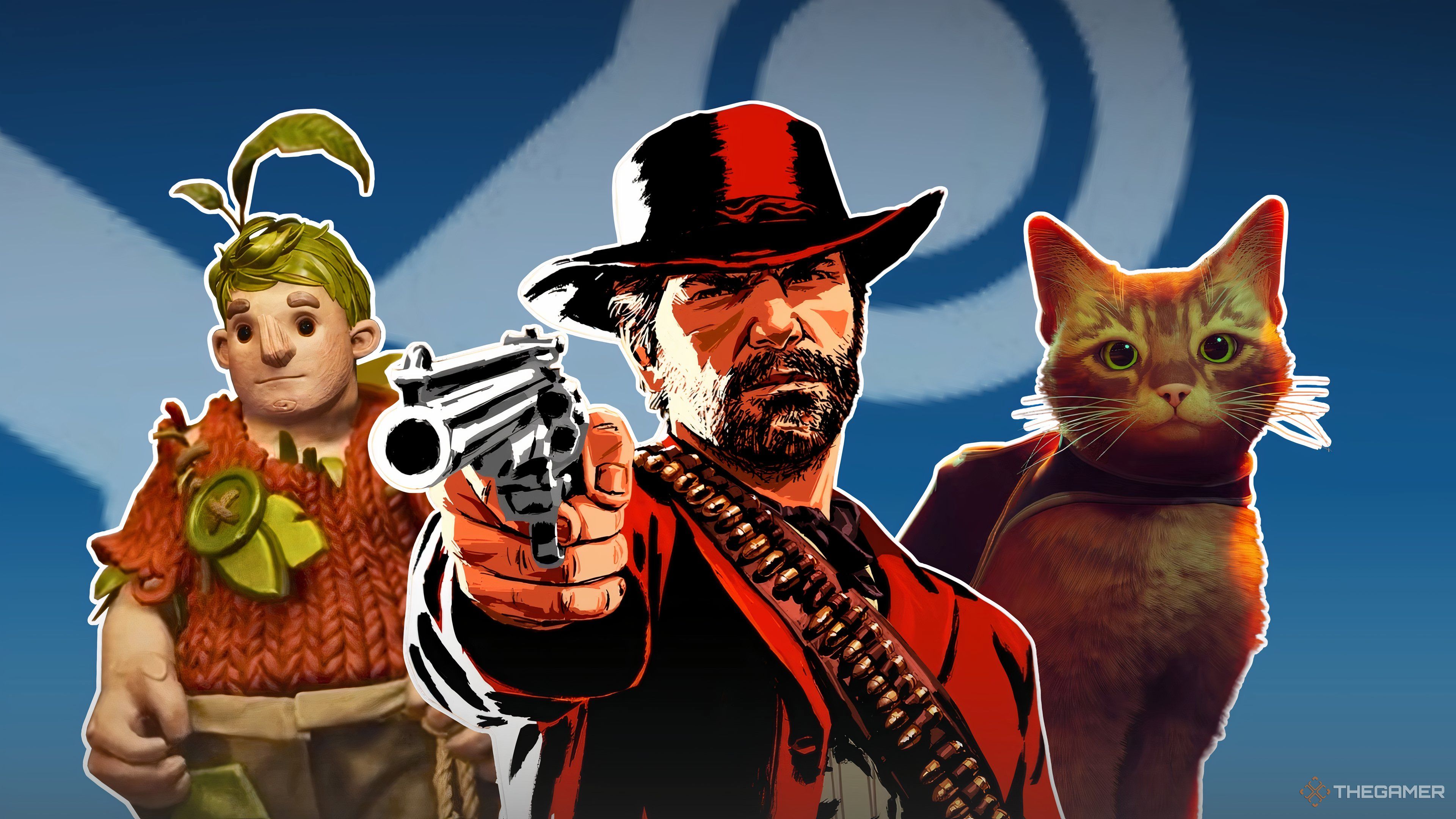 Characters from It Takes Two, Red Dead Redemption 2, and Stray over a background of the Steam logo.