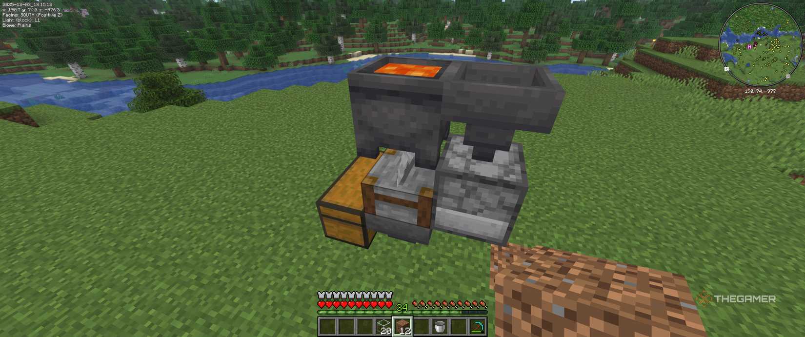 A top view of a chest, hopper, stoner, dispenser, hopper and lava cauldron in Minecraft.