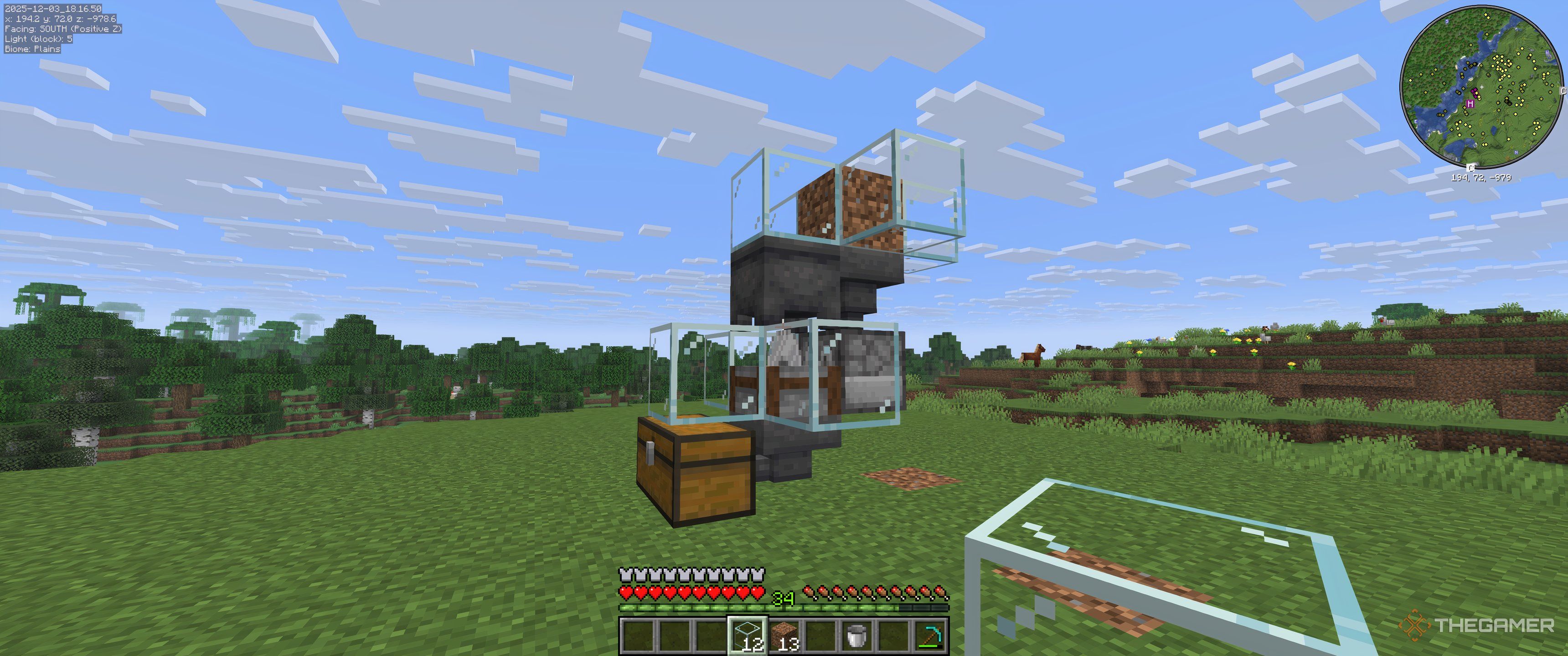 Chicken farm in minecraft with dirt block as placeholder to add glass.