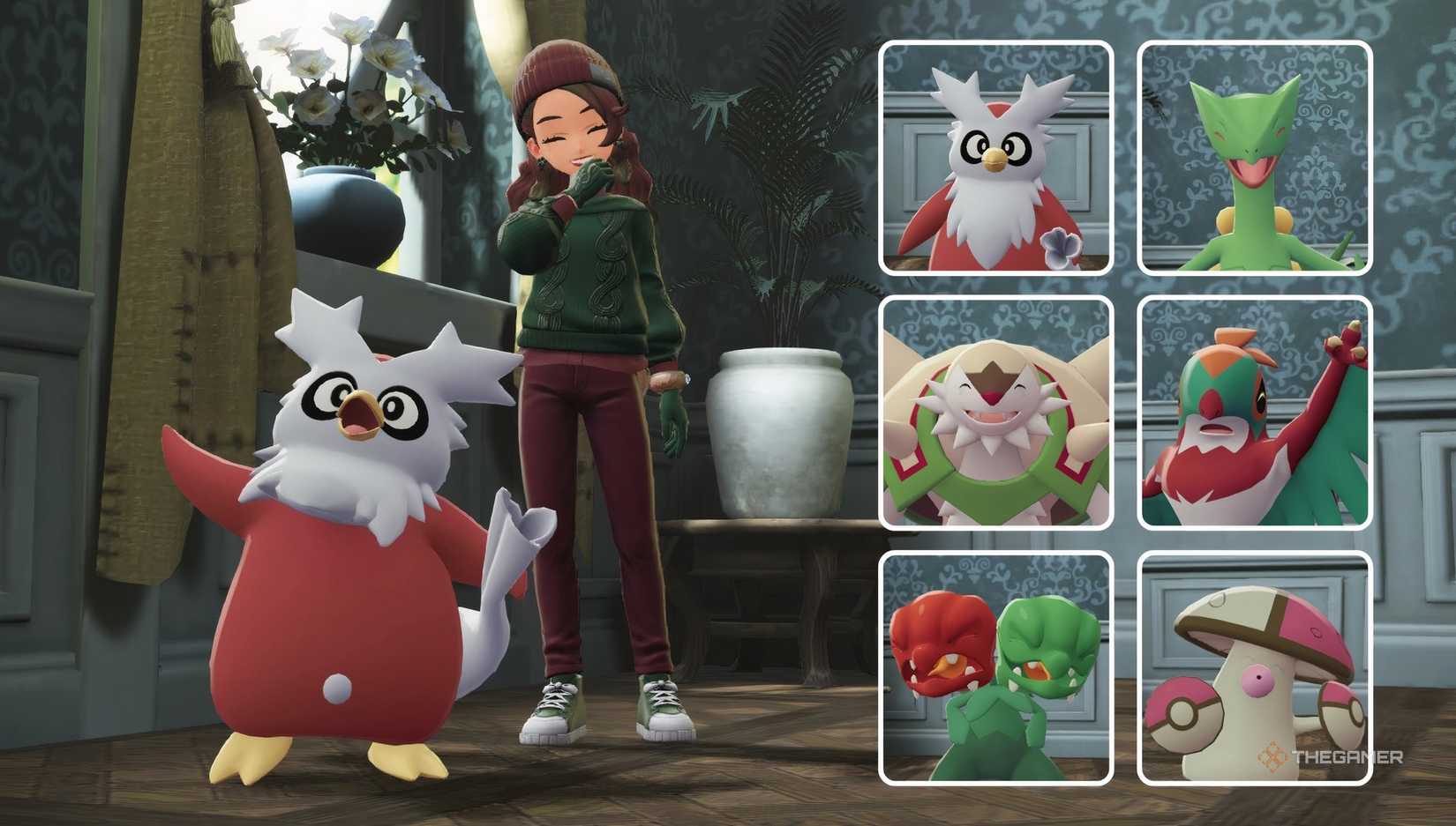 Christmas Team roster with trainer posed in Christmas outfit in Pokemon Legends_ Z-A.
