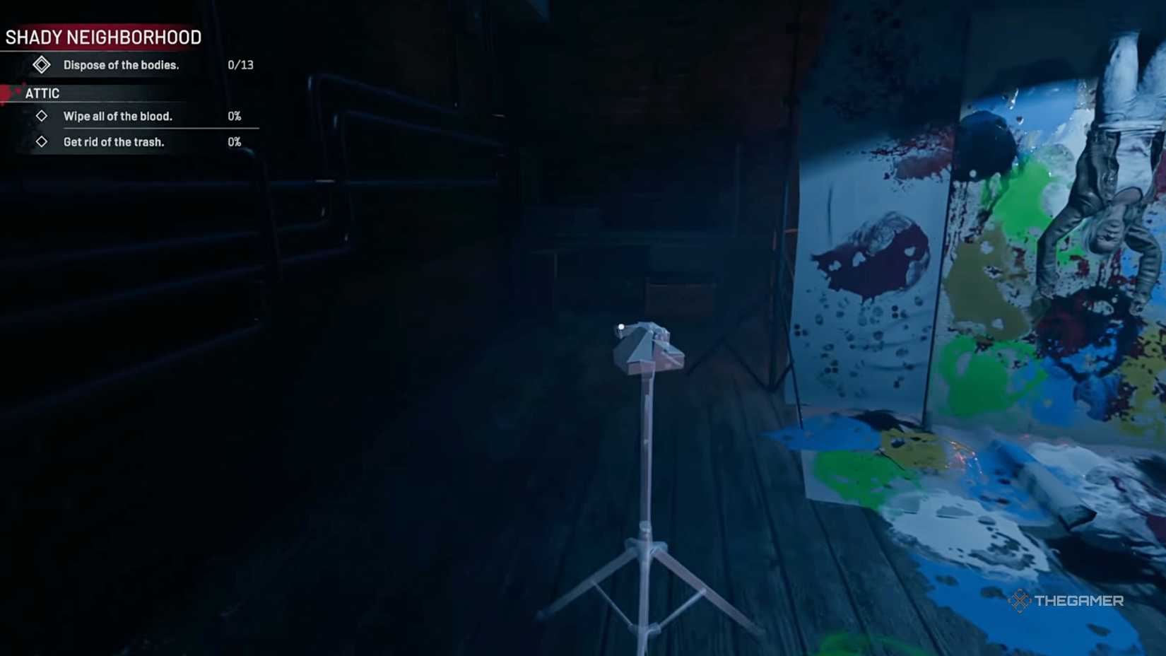 Crime Scene Cleaner attic photo point with a body on a canvas in the background.