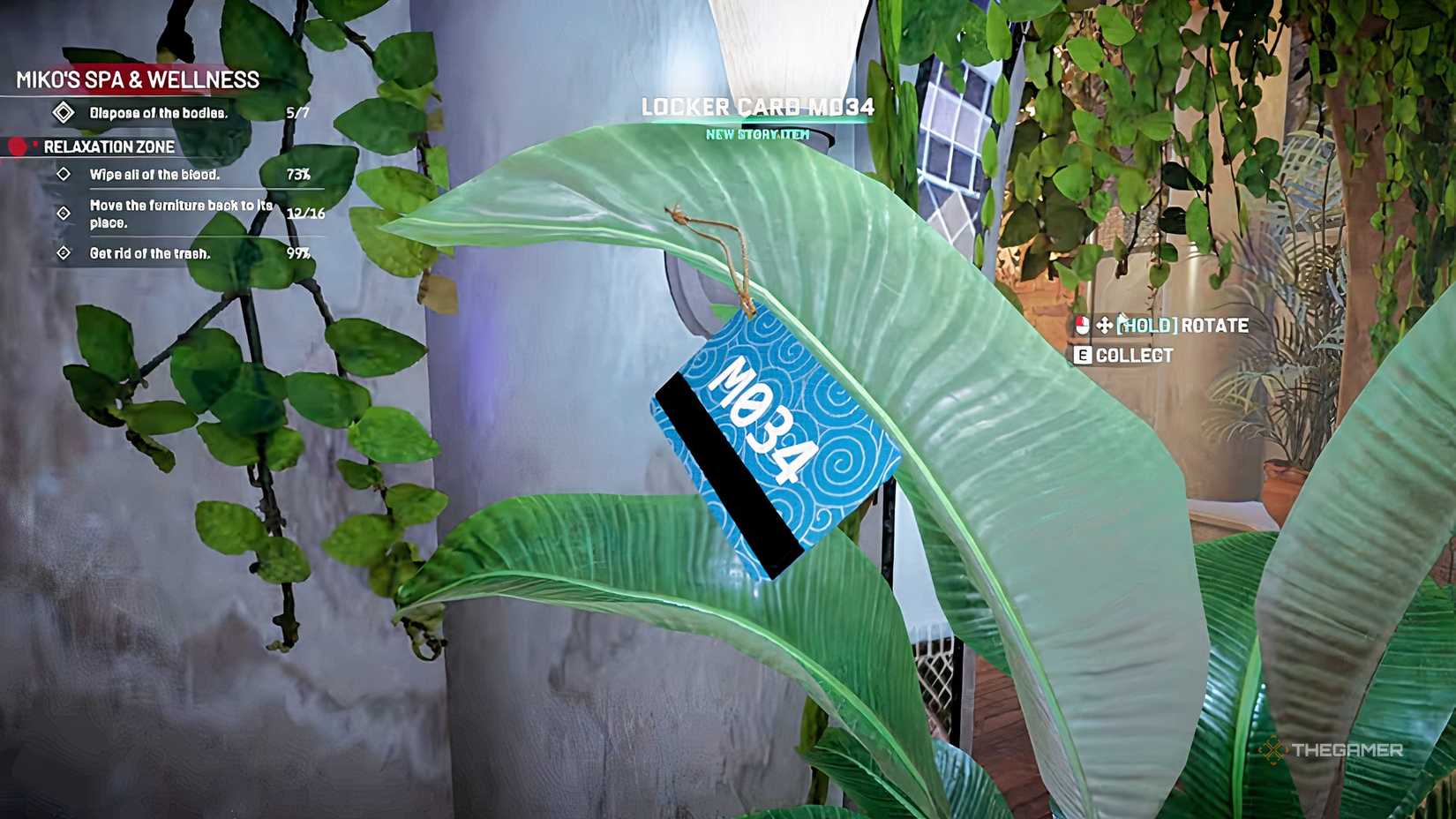 Crime Scene Cleaner M034 locker rom key near a plant.