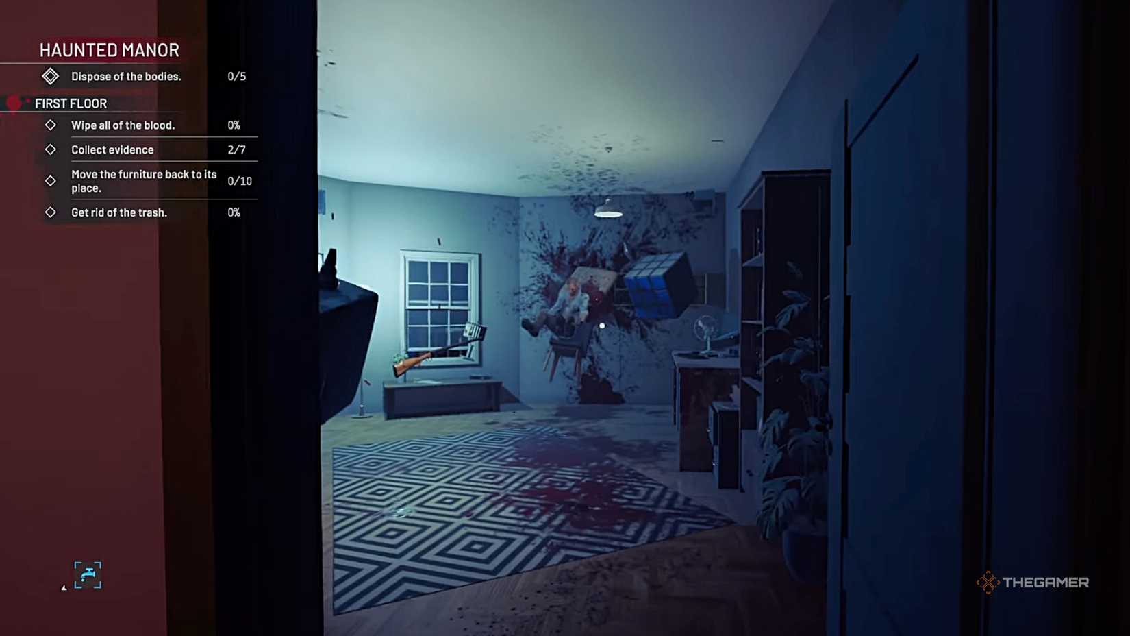 Crime Scene Cleaner Office with body and shotgun.