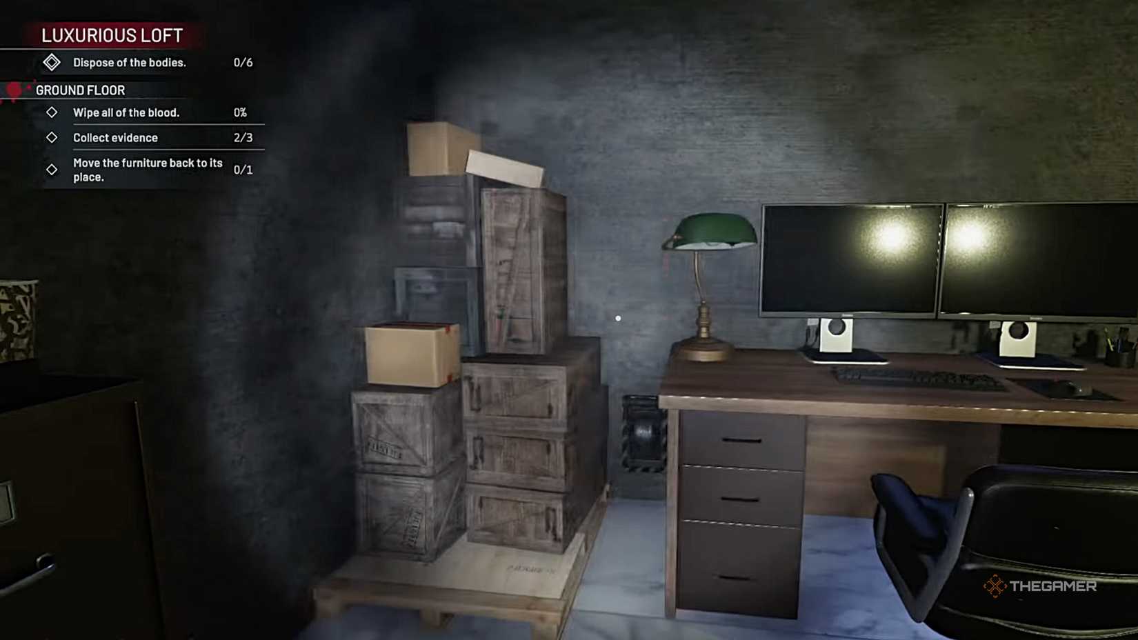 Crime Scene Cleaner finding the secret button by the desk.