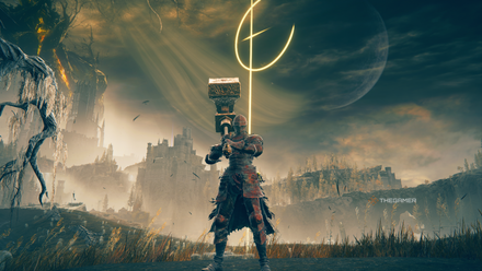 The main character stands with Devonia's Hammer on his shoulder in the Elden Ring.