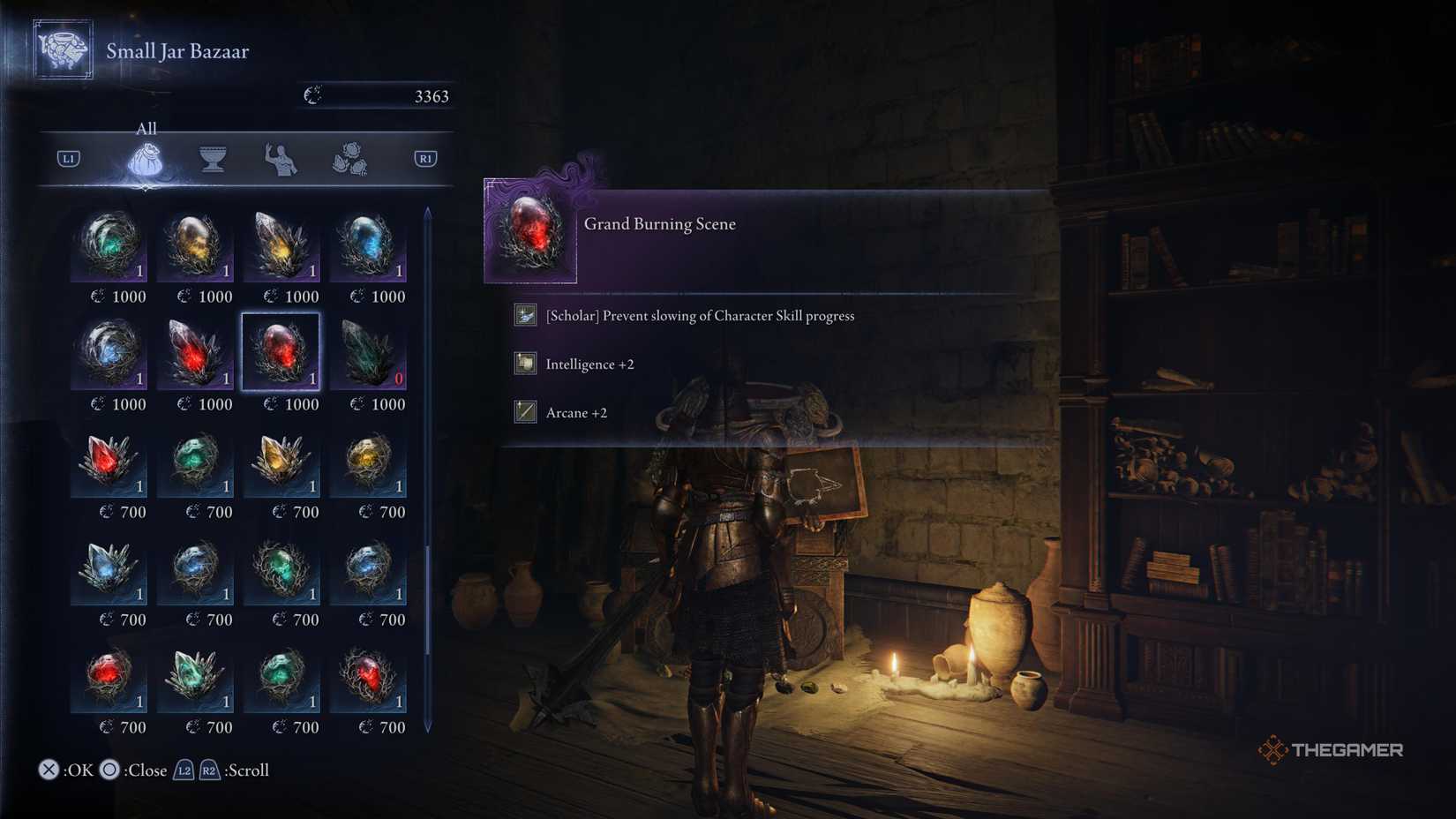 The Small Jar Bazaar showing the Grand Burning Scene for Scholars in Elden Ring: Nightreign.