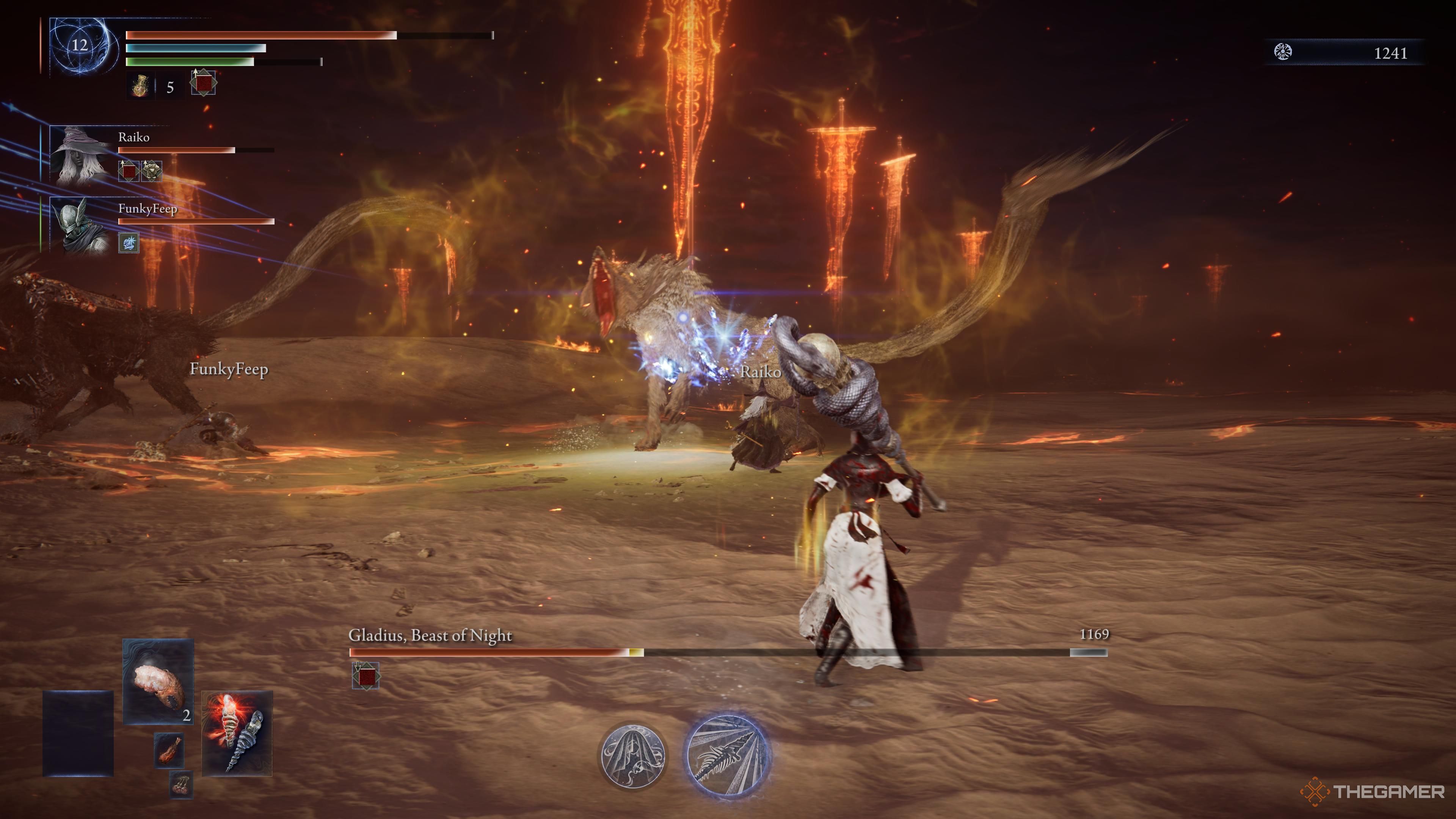 The main player looking at another player attacking a Gladius with its open mouth in Elden Ring: Nightreign.