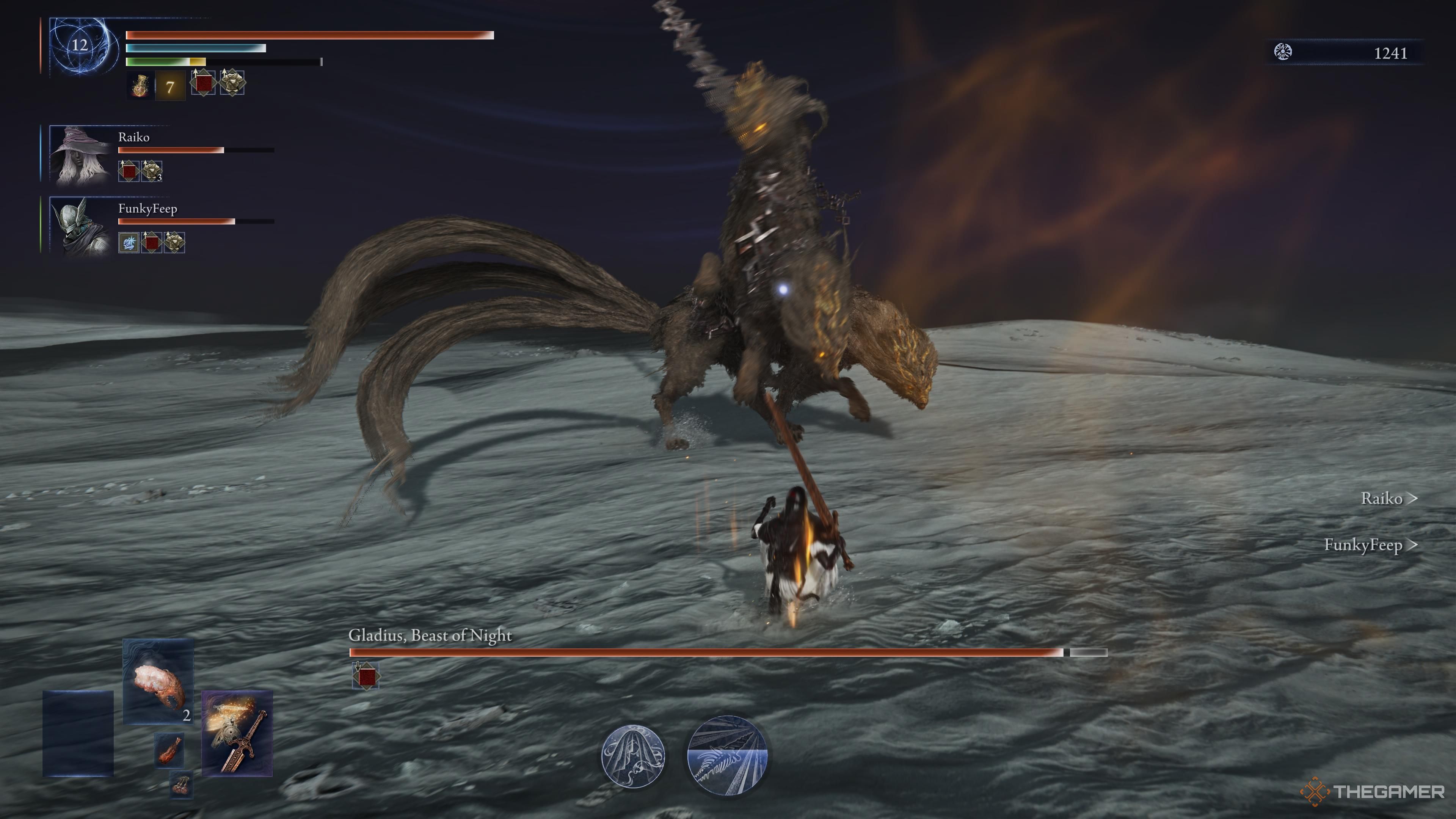 One of Gladius head grabbing the sword on its back in Elden Ring: Nightreign.