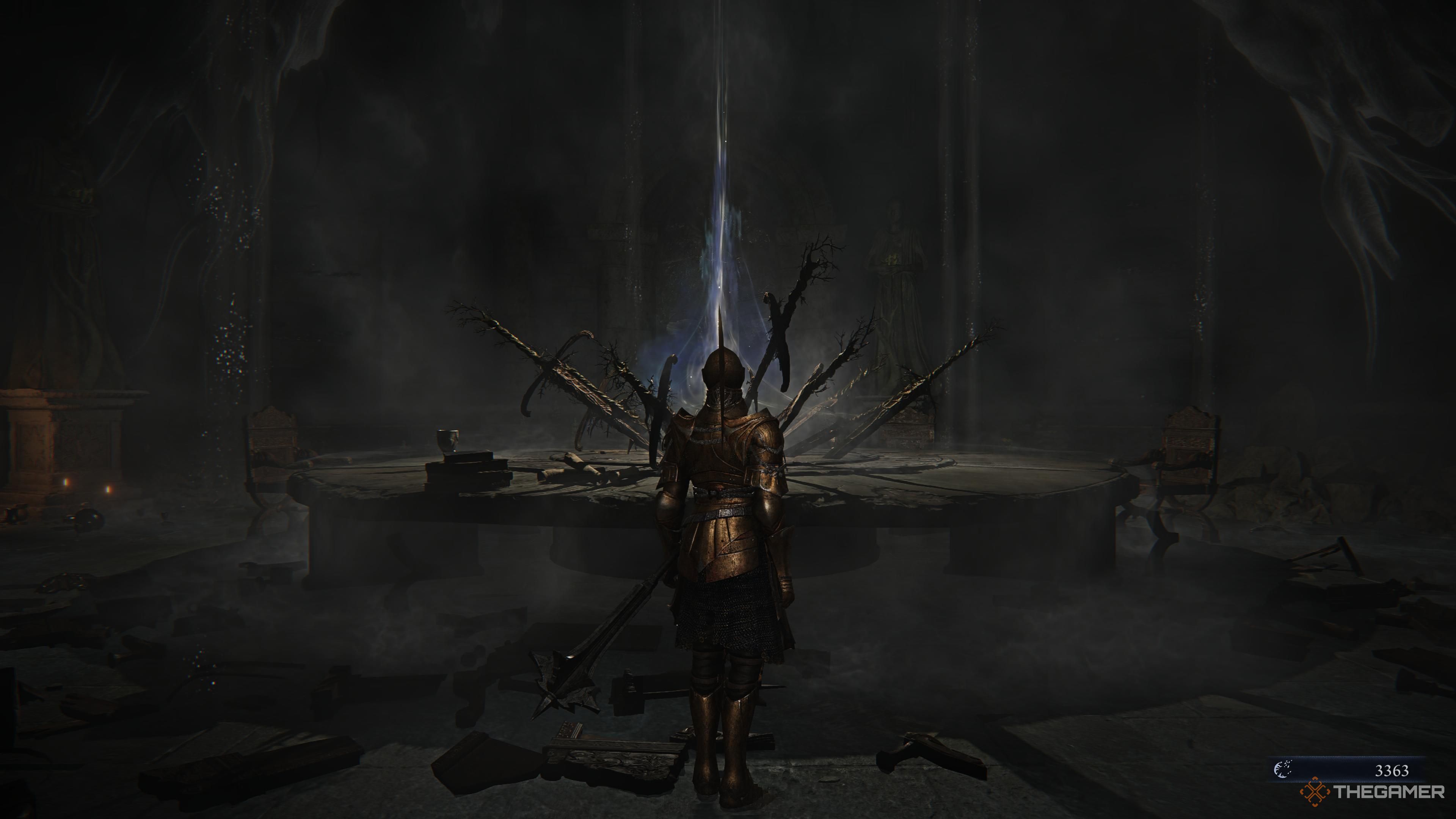 The Undertaker looking at the Expedition Hub at the Roundtable in Elden Ring: Nightreign.