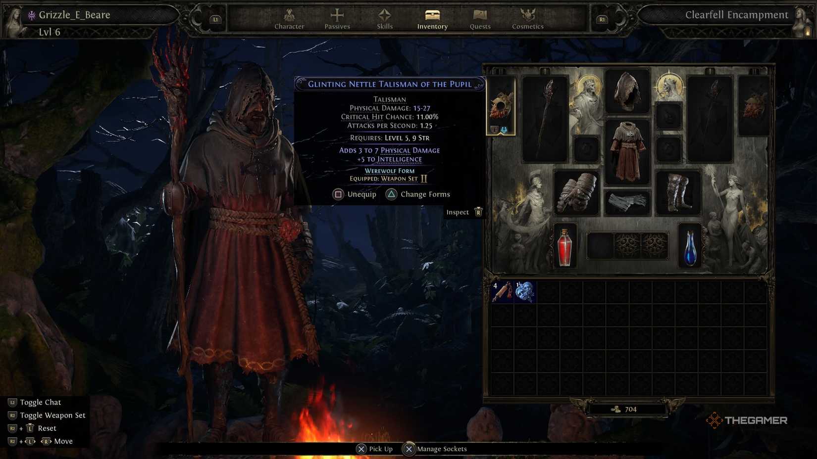 Equip the Glinting Nettle Apprentice Talisman as a Wolf Druid in Path of Exile 2.