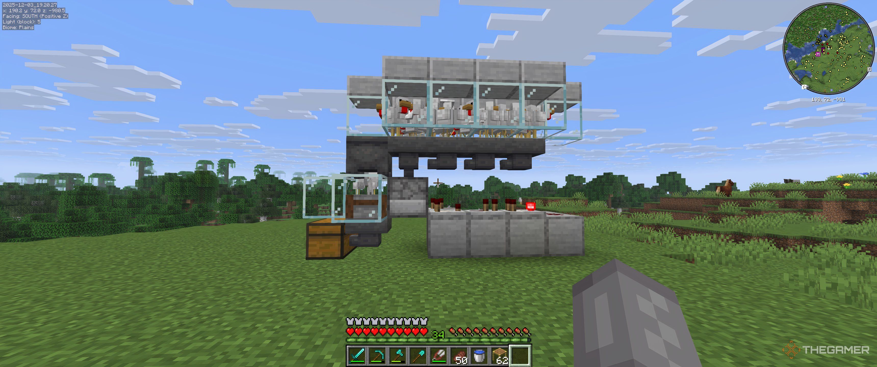 Expanded chicken farm with four hoppers of chickens above the cauldron and stonecutter in minecraft.