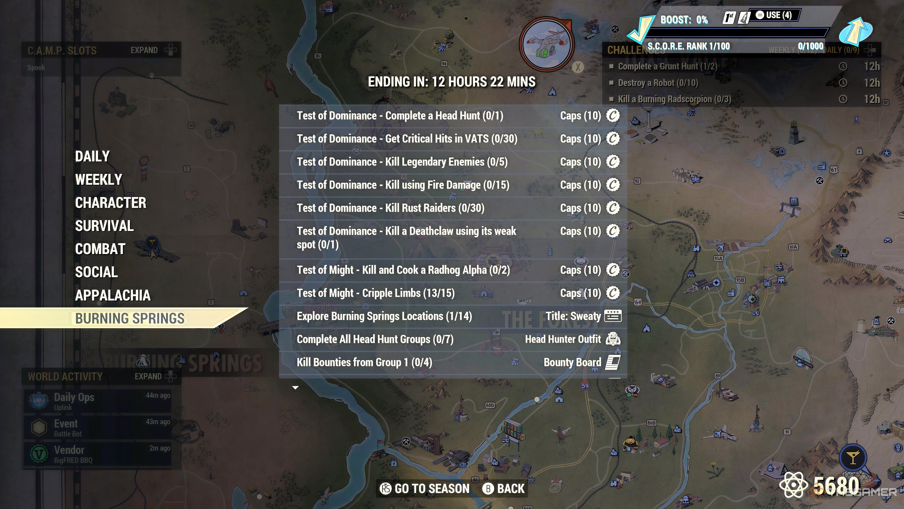 Tests of Dominance in the challenges menu in Fallout 76.