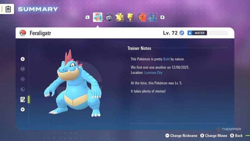 Feraligatr on the Summary page in Pokemon Legends ZA.