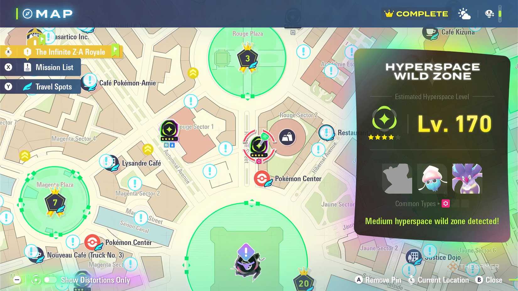 Finding a spawned Grumpig in Pokemon Legends: ZA on the Lumiose City map in the Hyperspace Wild Zone with the Mega Dimension DLC installed.