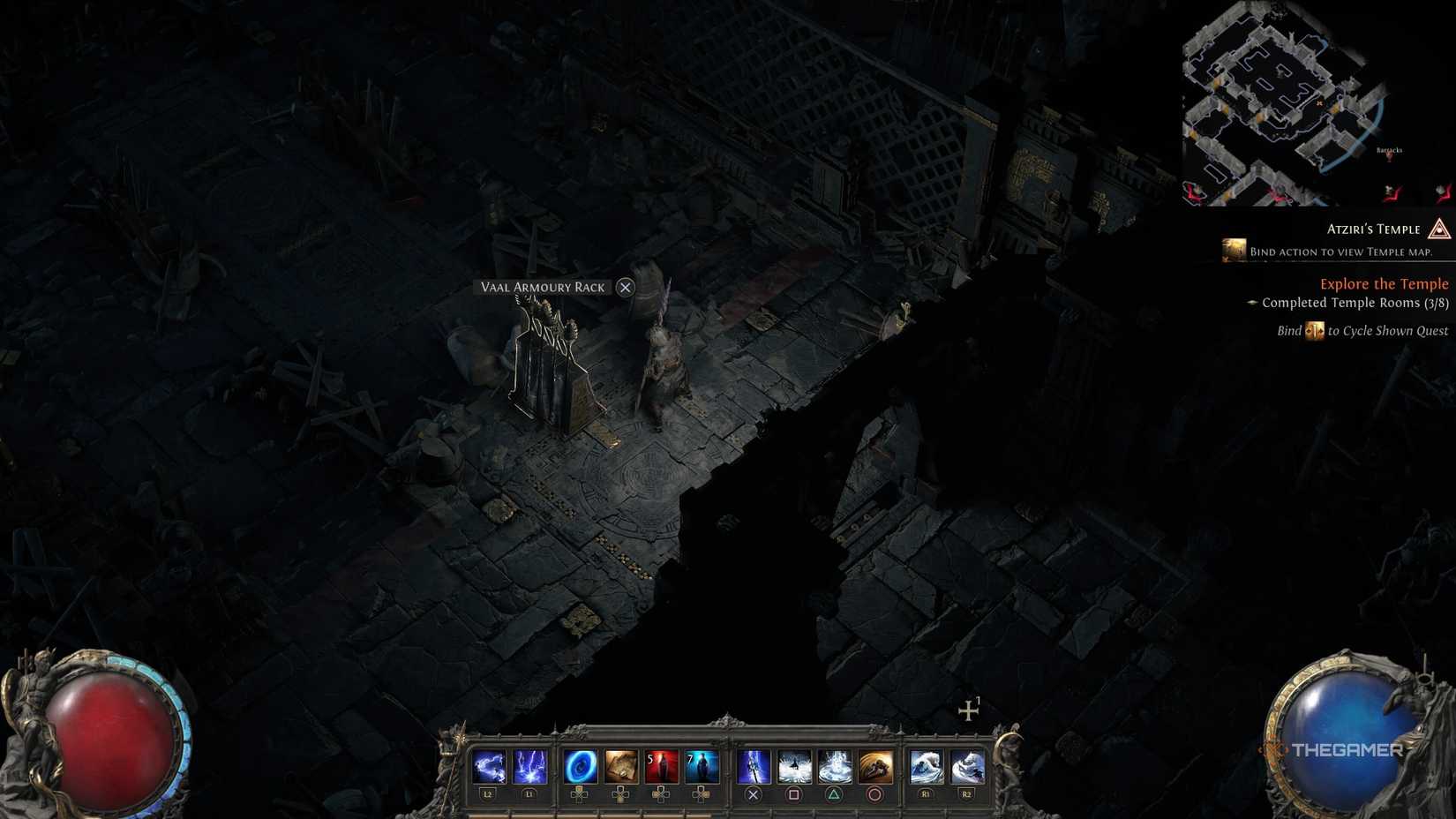 Finding weapons in the armory in the Bhal Temple ruins on the way to Exile 2.